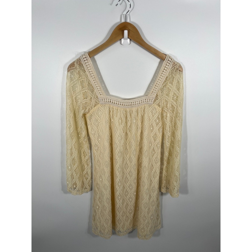 Womens Boho Chic Crochet Lace Dress S Cream Square Neck Festival Rodeo Western